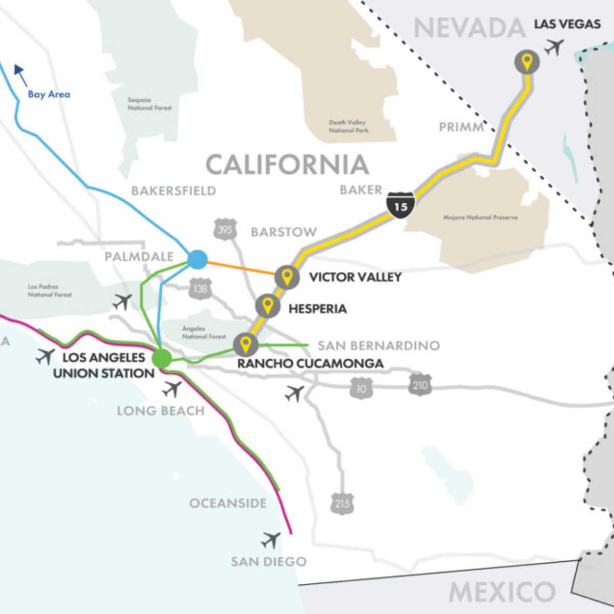 Mapa de trenes con la ruta de Los Ángeles a Las Vegas.