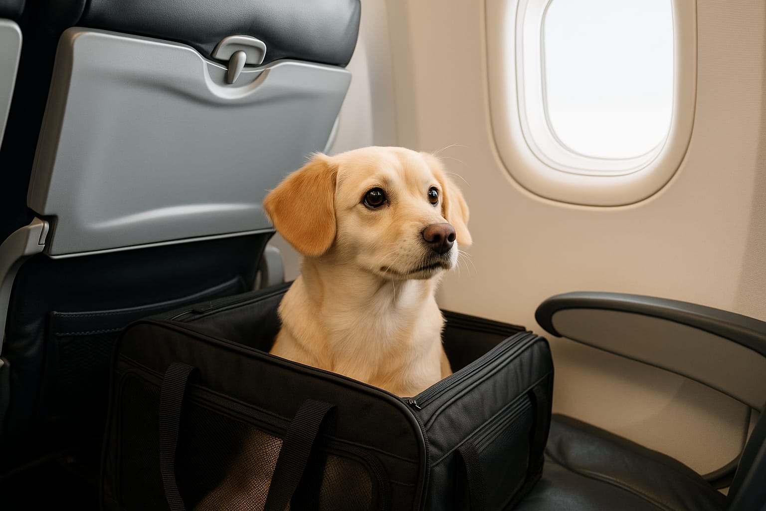 Un perro viajando en un avión