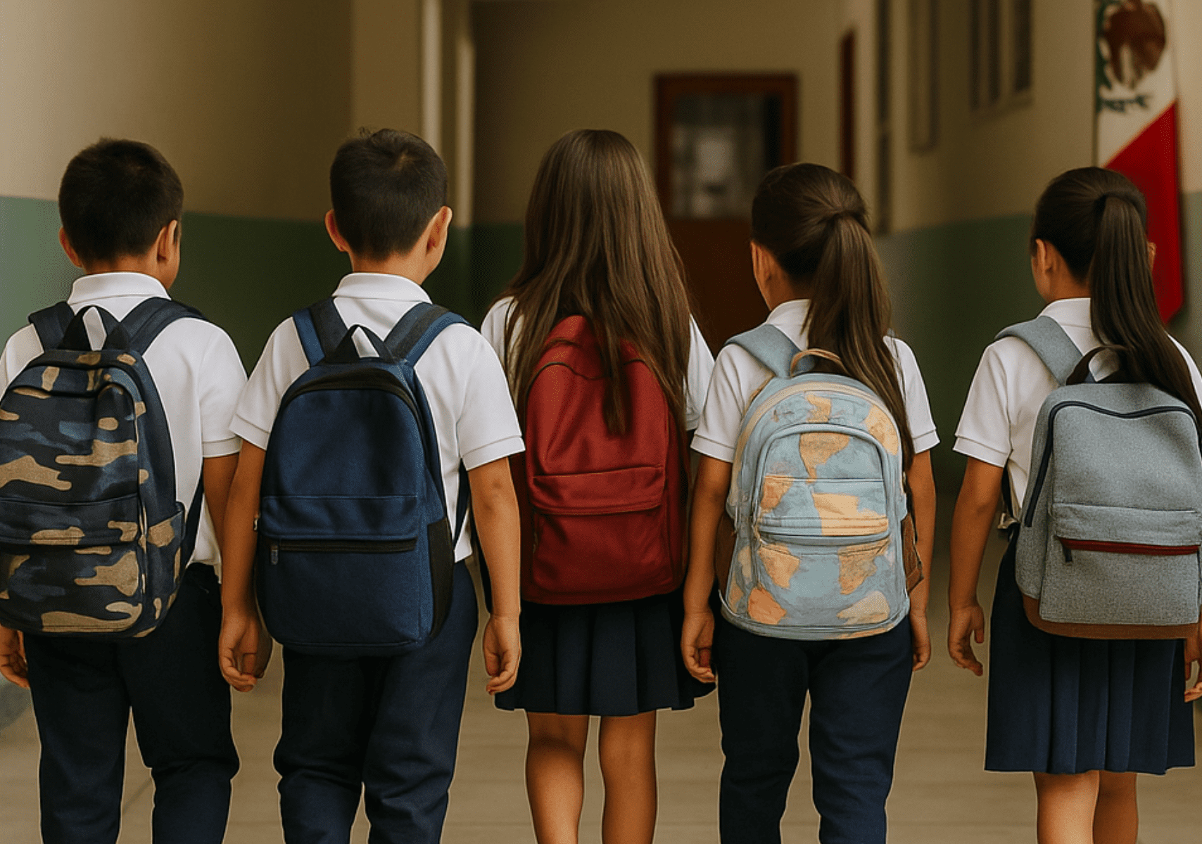 niños en la escuela en México cargando sus mochilas con la bandera de méxico de fondo