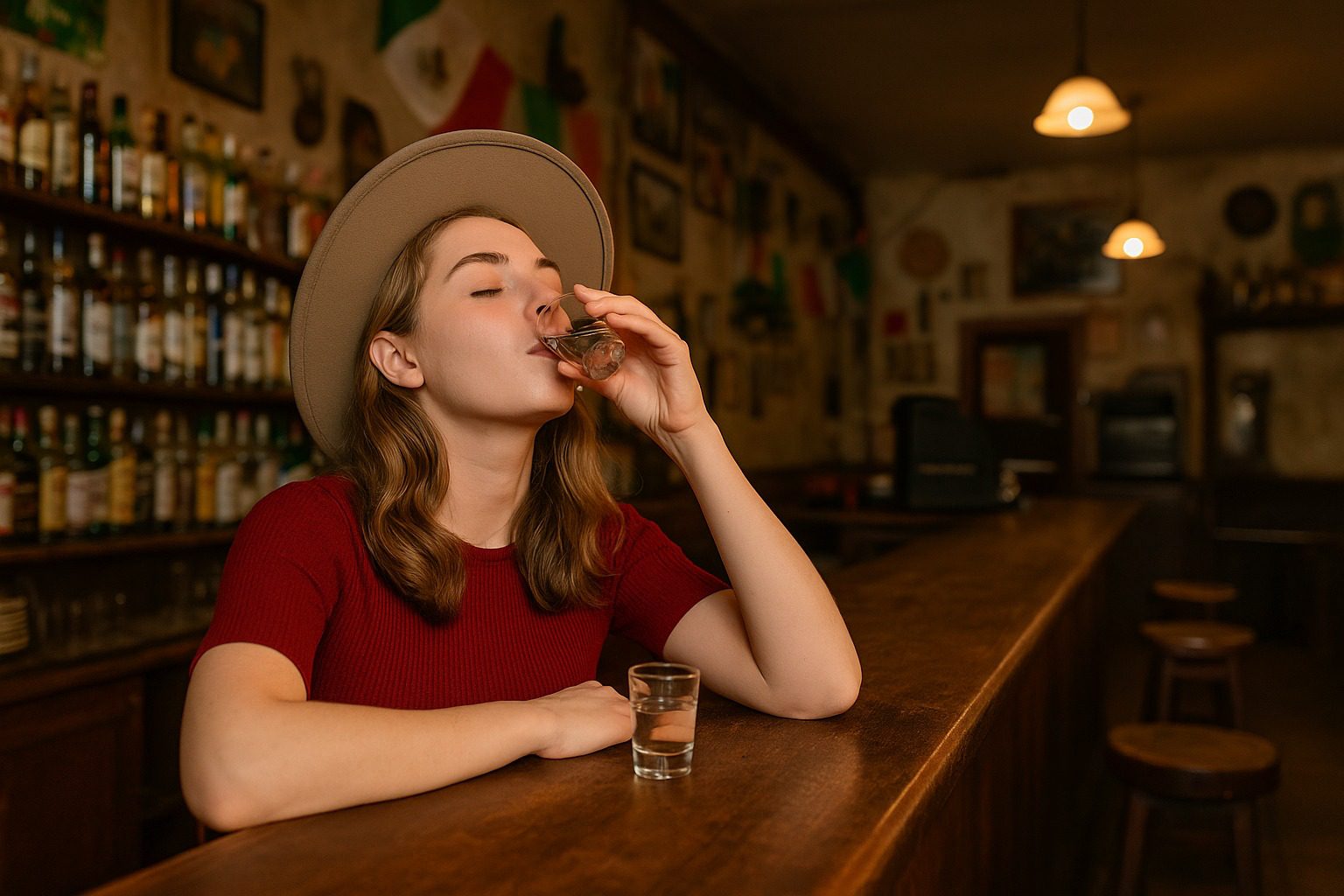 MUJER BEBIENDO UN TEQUILA EN UNA CANTINA