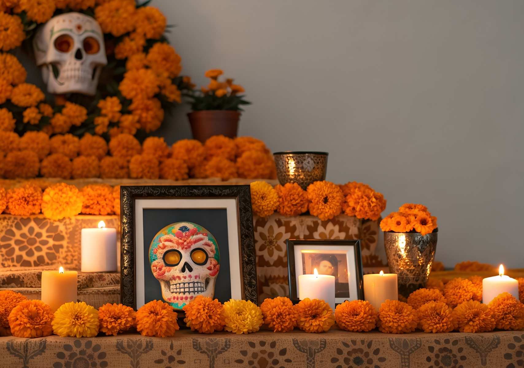 Ofrenda de día de muertos en niveles con Cempasúchil
