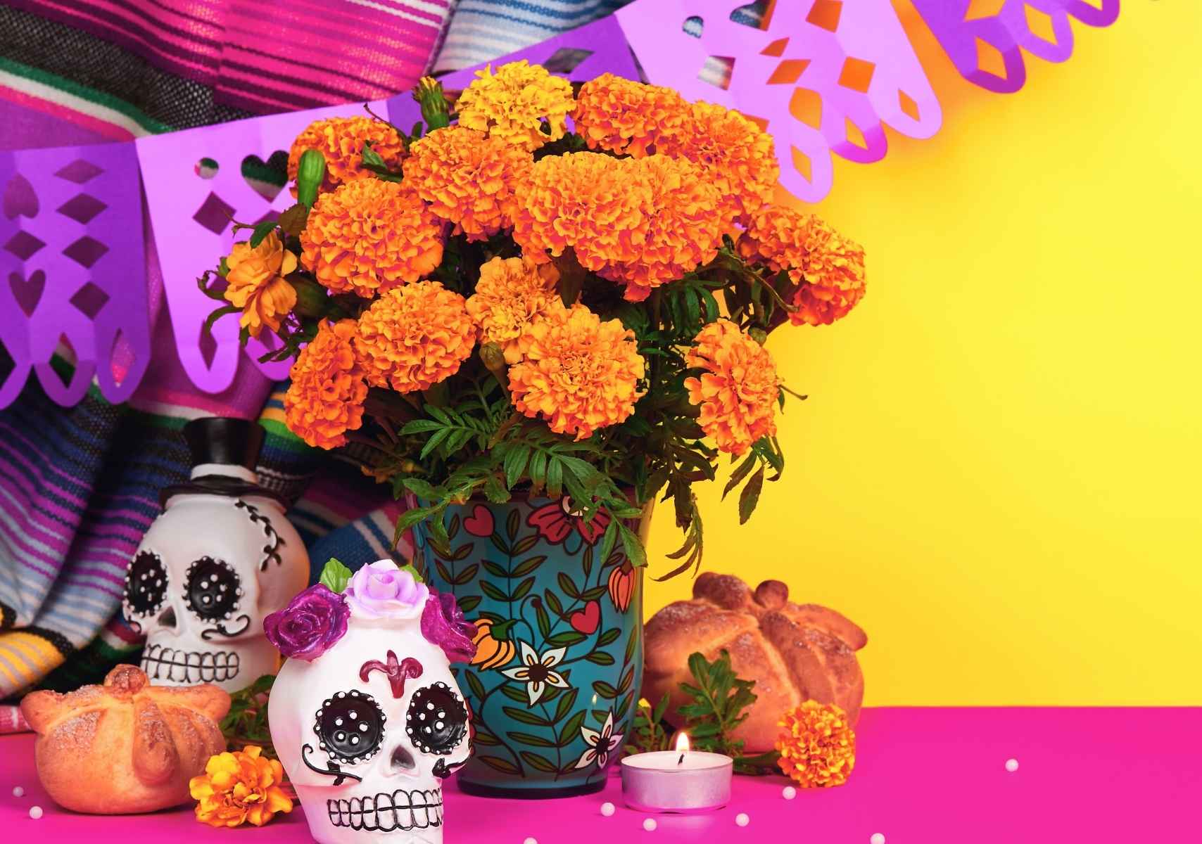 Ofrenda de día de muertos von calaveritas de azucar, flor de cempasúchil, papel picado morado, con un fondo rosa y amarillo detrás