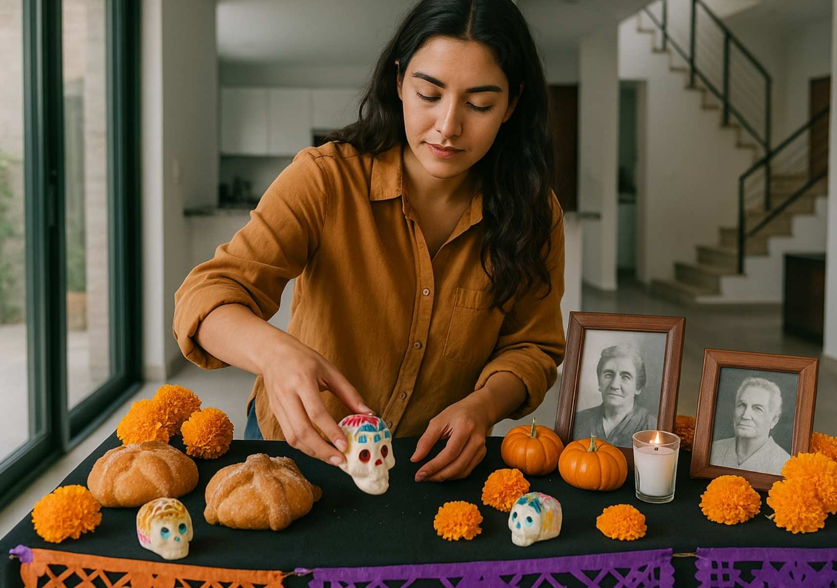Mujer recogiendo la ofrenda de Día de Muertos
