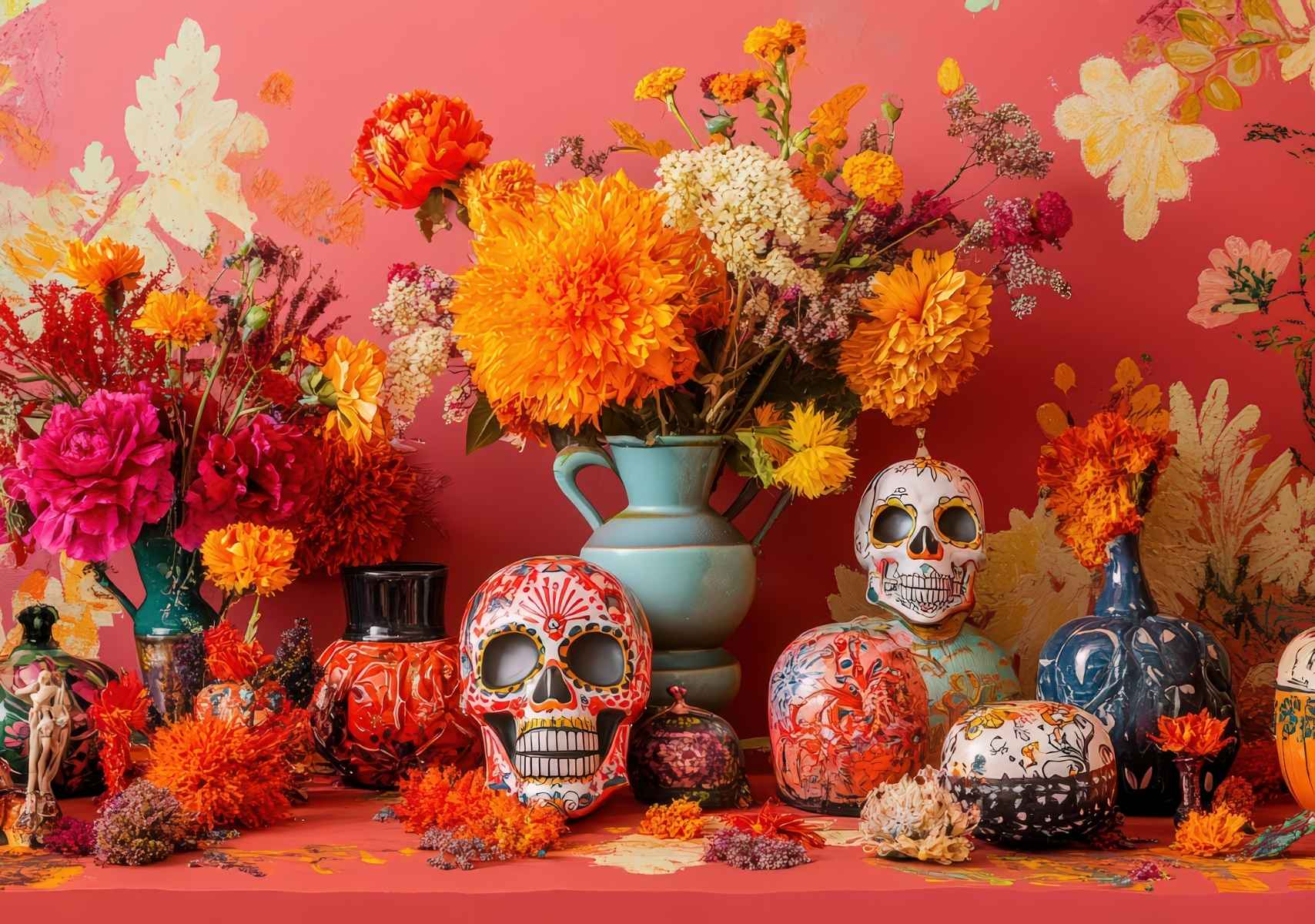 Altar de muertos con flores, calaveras y cosas mexicanas