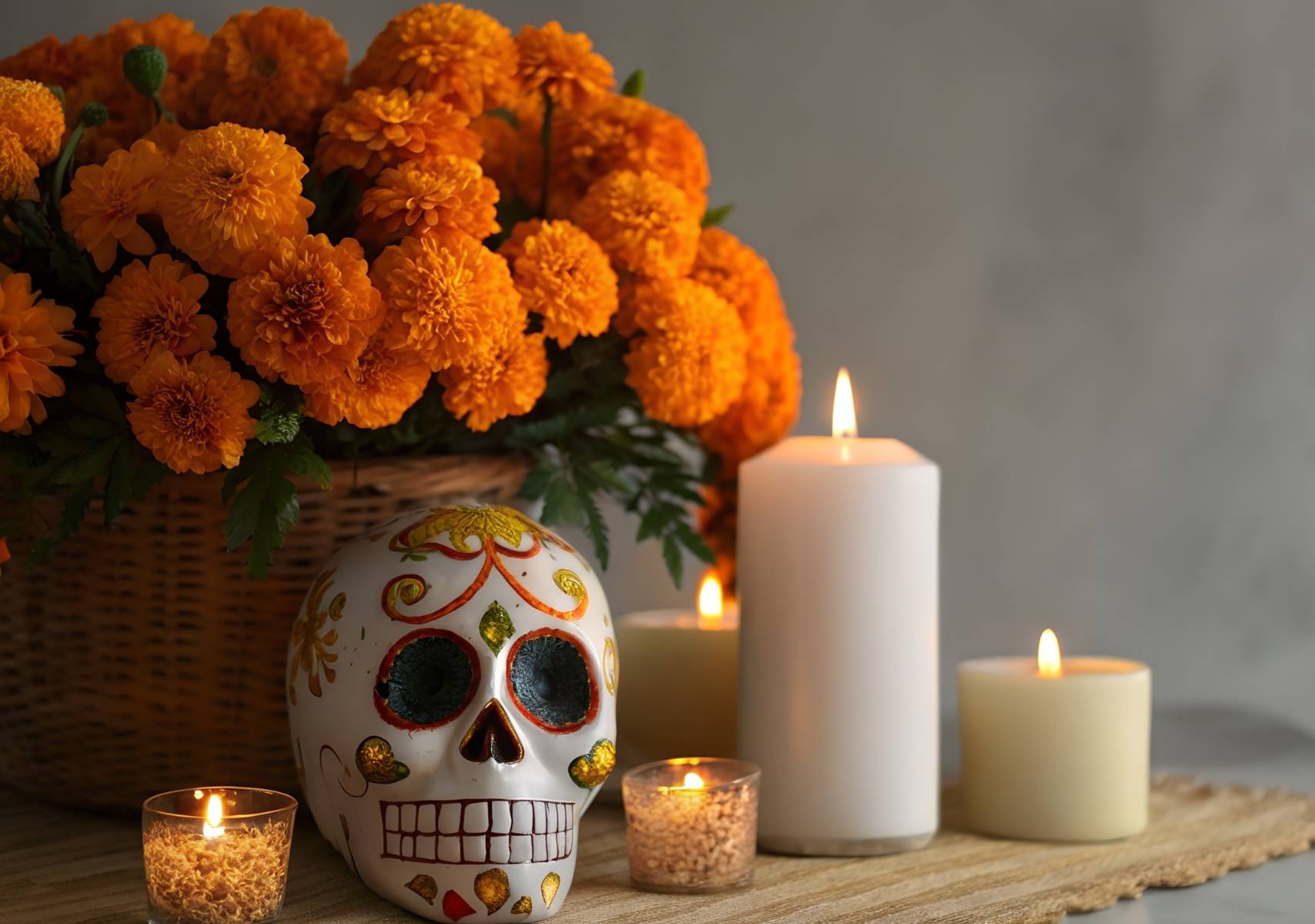 velas y calavera con ramo de flor de cempasúchil